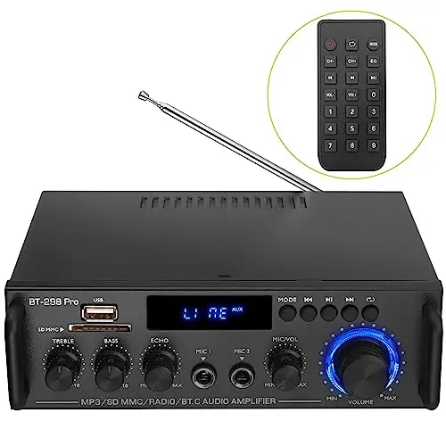 Amplificador Estéreo HiFi Bluetooth PROZOR Con Función de Reverberación de Micrófono, 2 Canales, Radio FM, MP3/USB/Lectores SD y Control Remoto