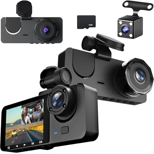 Cámara para Coche 1080P con Cámaras Frontal, Trasera e Interior, Tarjeta SD de 32 GB, Vigilancia de Aparcamiento, Visión Nocturna por Infrarrojos, Sensor G y Grabación en Bucle (Versión Estándar)