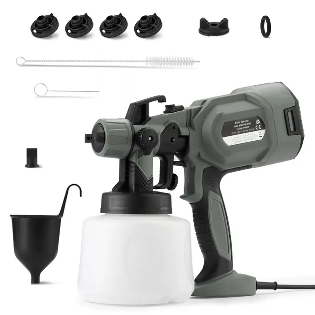 Amazon Basics Pistola Pulverizadora Eléctrica 700W con Depósito de 1.200ml, 4 Boquillas y 3 Modos de Pulverización, para Interior y Exterior, Gris