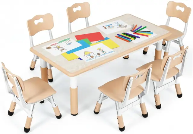 Mesa niños Infantil con 6 Sillas, Grupo de Mesa Infantil en Altura Ajustable, Juego de Sillas para Jardín de Infantes y Habitación, Grupo de Asientos para Niños y Niñas a Partir de 2 Años, Amarillo