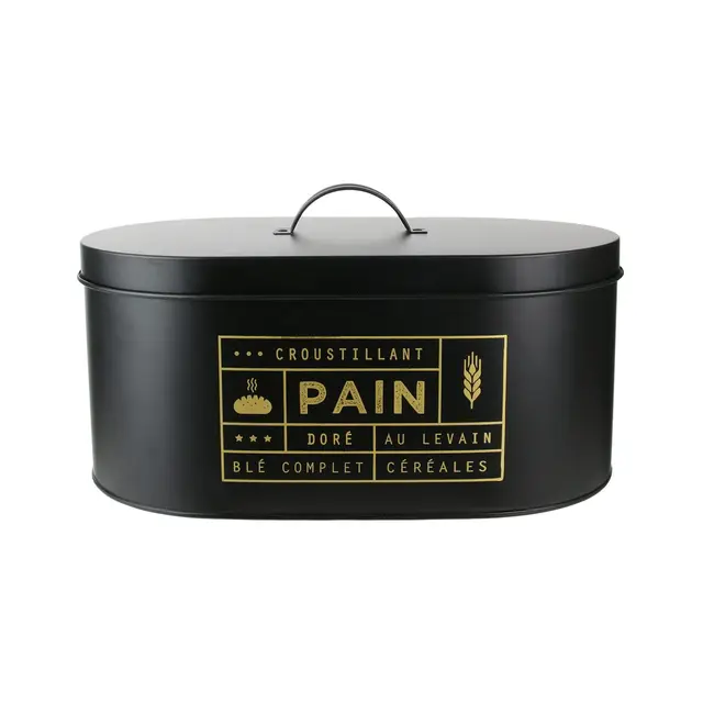 COOK CONCEPT - Caja de Pan de Metal Negro Mate con Ilustraciones Doradas - Diseñada para Almacenar Pan y Bollería - Gran Capacidad - Dimensiones 34,5 x 20 x 18 cm