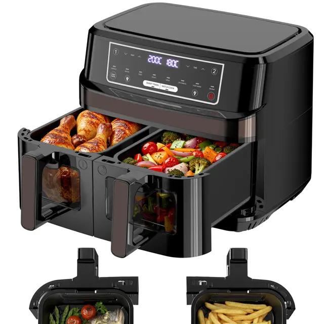 Freidora de Aire Doble Zona | 10L Freidora Aire Control Independiente Temperatura, 8-en-1 Freidora Sin Aceite con Ventana Observación Control Táctil máx 200℃, Air Fryer Grande 2600W Luz Incorporada