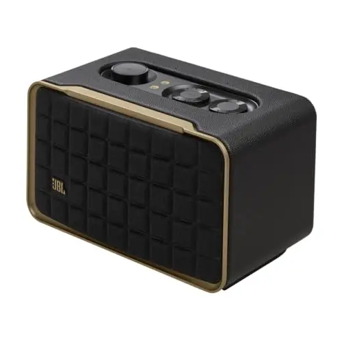 JBL Authentics 200, altavoz inteligente con tecnología Bluetooth, diseño retro, con cuadrícula gris, Wi-Fi integrado, Google Assistant, Amazon Alexa, AirPlay, JBL One App, negro