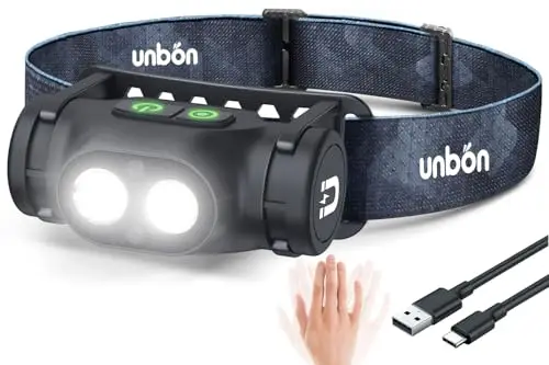 UNBON Linterna Frontal LED Recargable USB C, Linterna Cabeza LED Alta Potencia con 3 Modos de Iluminación, Sensor Movimiento y Base Magnética, Luz Frontal Cabeza Potente Recargable Impermeable IPX4