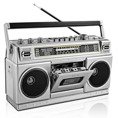 Boombox Retro de los 80 con Bluetooth y Reproductor de Casete | Radio Am/FM/OL, Sonido de Graves Potente 24W, Reproducción USB & Micro SD - Toma de Auriculares y Portátil para Interior/Exterior