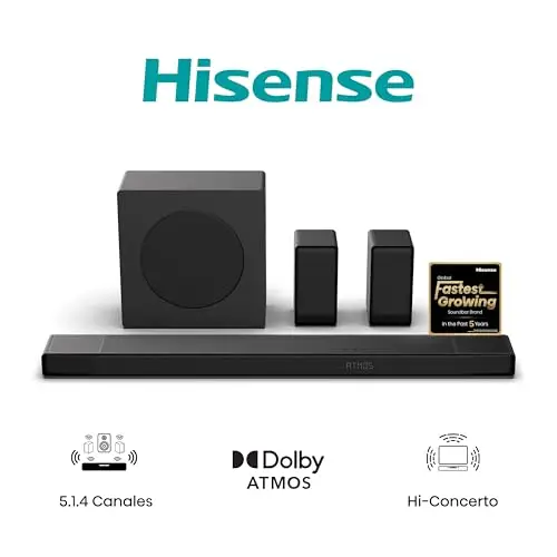 Hisense AX5140Q - Barra de Sonido 5.1.4, 600W, 13 Altavoces, Subwoofer y Altavoces Traseros Inalámbricos, Dolby Atmos, DTS:X, Ecualizador IA, Calibración Automática, Hi-Concerto, EzPlay 3.0