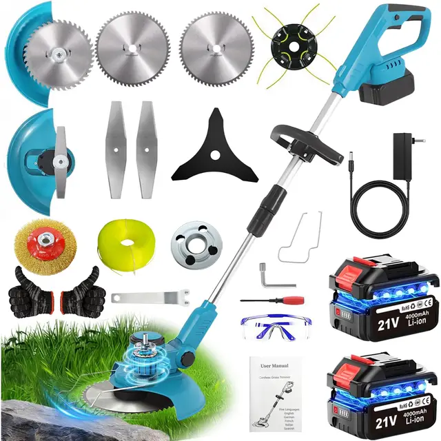 TOPALL Desbrozadora Bateria, Desbrozadora Electrica con 2*4Ah Baterías, Upgraded 1000W 20000RPM Brushless Motor, 5 Tipos Cuchillas y Cepillo Desherbar,Ancho Corte 20CM para Recortar Césped y Arbustos