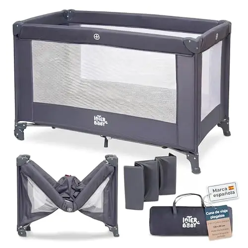 Interbaby - Cuna de Viaje Bebé Plegable con Ruedas y Bolsa de Transporte, Parque Cuna 2 en 1, Ligera y Compacta, Malla Transpirable, Compatible 120x60 cm, Desde Nacimiento hasta 3 Años (15 kg) (Gris)