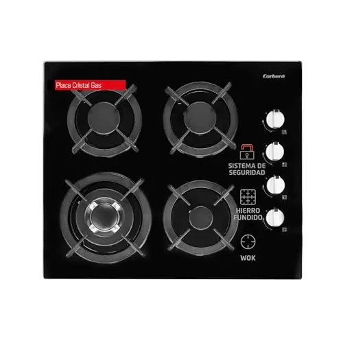 Corberó - Placa Cristal Gas butano | CPCGY2304N | 4 Fuegos | Potencia 7,8 KW | Zona Wok | Sin Autoencendido | Desconexión Automática | Parrilla Hierro Fundido | Kit de conversión a gas natural | Negro