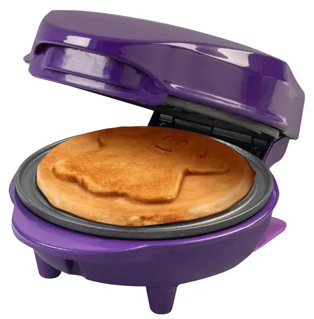Bestron Mini gofrera con placa especial "Geist", tamaño gofre: Ø 10 cm, tamaño ideal para niños, para cumpleaños o como regalo, para colgar en la pared y revestimiento antiadherente, color: lila