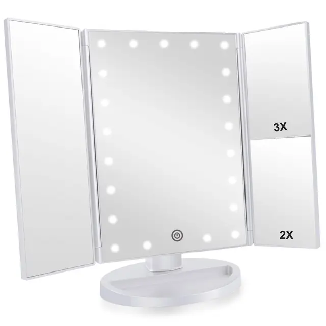 Infitrans Espejo de Maquillaje Tríptico con Aumento 1x, 2X, 3X, Espejo Cosmético Pantalla Táctil en Iluminacíon 21 Led, Adjustable 180º (Blanco)