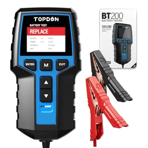 TOPDON BT200 Comprobador de Baterías de Coche, 12V 24V Comprobador de Baterías 100-2000CCA, con prueba de batería, prueba de arranque y prueba del sistema de carga para coches, motos, barcos, SUV