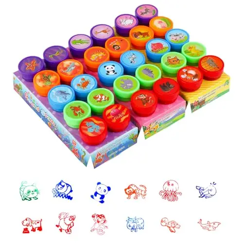 RMIVEGLIA Set de 30 Sellos Infantiles – Sellos para Niños Autotintables con Dibujos de Animales, de Plástico en 5 Colores, Regalos Cumpleaños Niños Colegio, Detalles para Fiestas.