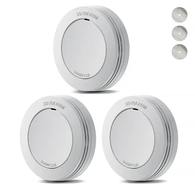 Safeliveo Detector de Humo,Alarma de Incendio autónoma, batería de 10 años, sin LED Intermitente, función de Silencio, 85 dB, con Almohadillas Adhesivas, Conforme a EN 14604, 3 Piezas