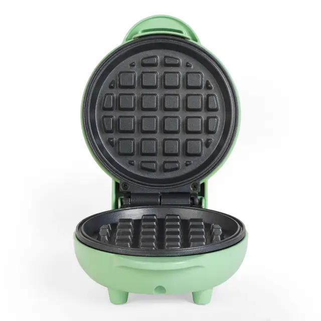 Giles & Posner Mini Waffle Maker – Máquina de Gofres Antiadherente, Para Gofres al estilo Belga y Americano, Snacks Dulces/Salados Postres, Compacto, Plato de Cocción Redondo de 11.5 cm, Verde Pastel