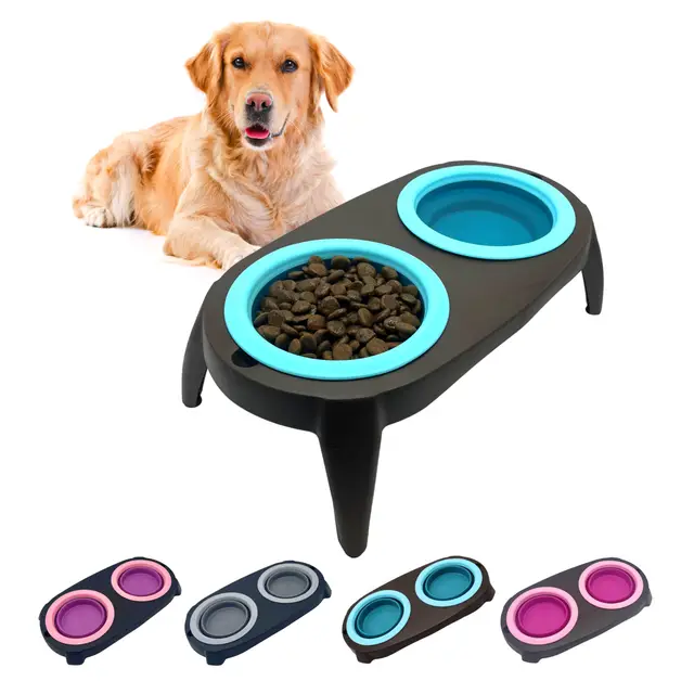 Comedero Perro Elevado con Bebedero Antisalpicaduras. Comedero Perro Antivoracidad Desmontable (Azul)