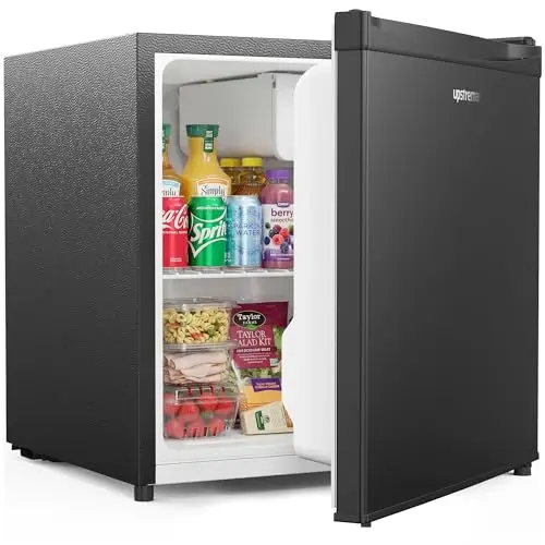 Upstreman 46L Mini Nevera con Congelador, 1℃-8℃ Termostato Ajustable, Ahorro de Energía, Silencioso, Minibar para Dormitorio, Oficina, Hotel, FR17- negro brillante