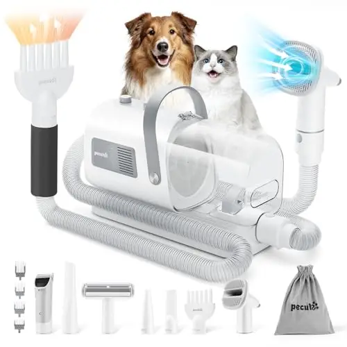 pecute Aspirador Pelos Mascotas & Secador de Perros, Kit de Aseo para Recortar y Secar, Multifuncional Maquina Cortar Pelo Perros con Aspiradora de Pelo, Velocidad y Temperatura Ajustables