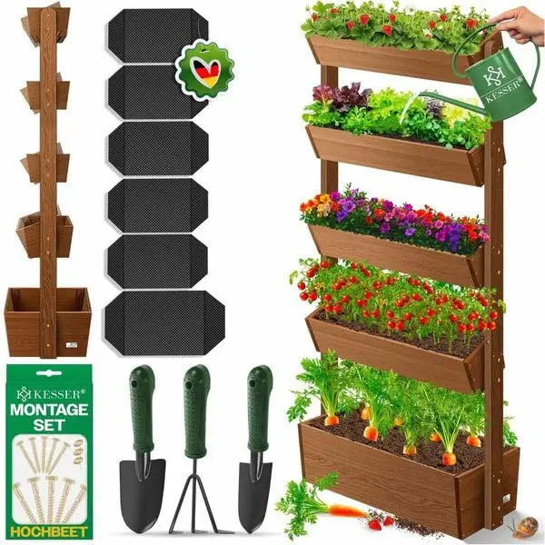 KESSER® Huerto Elevado con Estanterías Macetero de Flores Escalera de Flores Escalera de Plantas Huerto de Verduras Huerto de Hierbas Maceta de Plantas con Tela de Jardín, Marrón, 5 Niveles