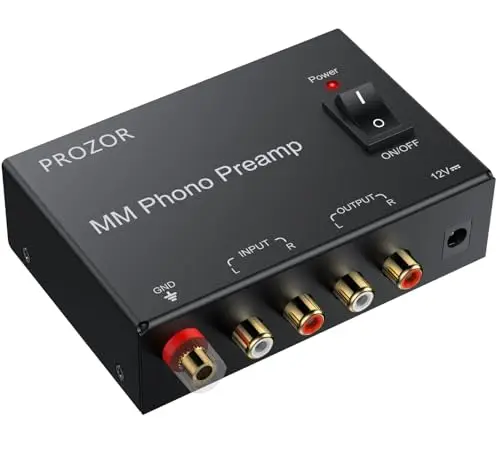 PROZOR Phono Preamp MM con Interruptor Preamplificador Phono para Tocadiscos y Giradiscos Convertidor de Vinilo a Línea Bajo Ruido con Entrada y Salida RCA Adaptador 12V para Amplificador HiFi