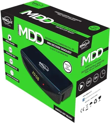 Receptor TDT HD DVB-T2 Digiquest MDD HEVC H.265 Chipset 10bit Full HD FTA, Sintonizador TDT HD Mini, DVB-T2, USB, HDMI, SCART, Mando a Distancia, Negro, Plástico