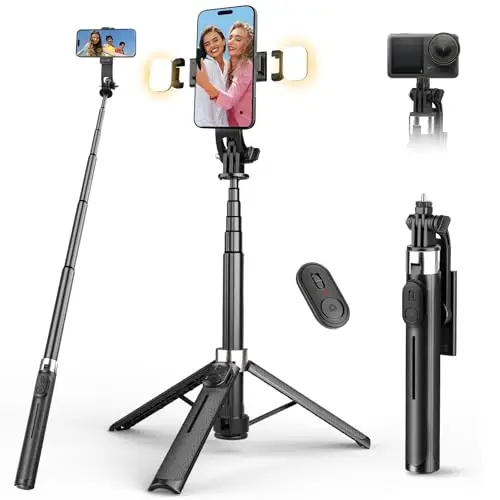 110cm Palo Selfie Tripode para Movil con Luz - Selfie Stick Extensible Portátil con Mando Inalámbrico, Compatible con iPhone/Samsung/GoPro/Cámaras