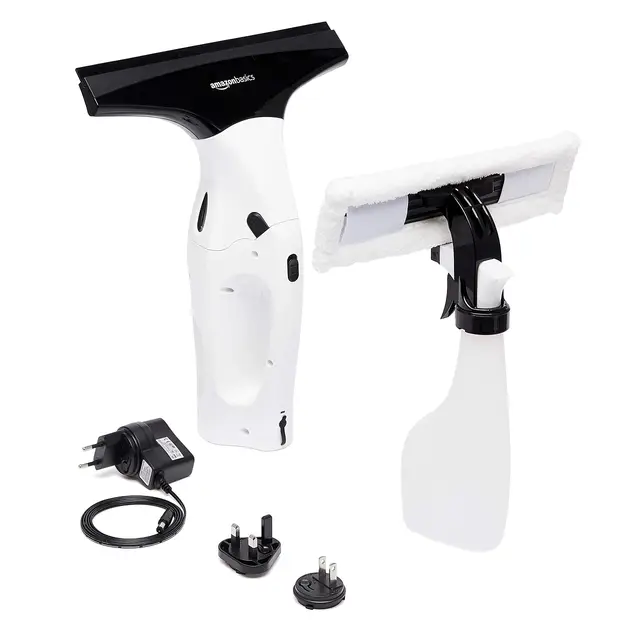 Amazon Basics Juego de aspiradora limpiacristales con batería recargable de litio para ventanas, azulejos, espejos y mamparas de ducha,enchufe para UE, Reino Unido, EE. UU. y Japón incluido,2 unidad