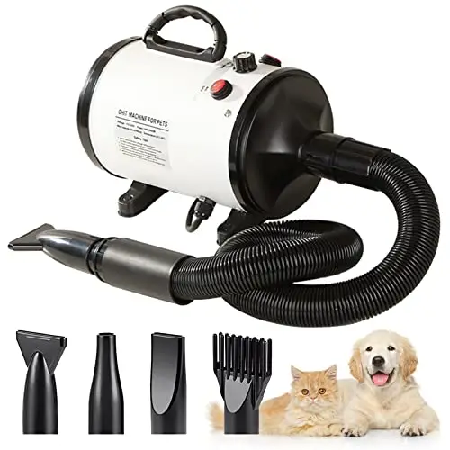 Secador de Pelo Para Perros, 2800 W Low Noise Mascotas Secador Soplador de pelo de Velocidad Continua y Temperatura Ajustable, Profesional Secador Perro con 4 boquillas y manguera larga (Blanco)