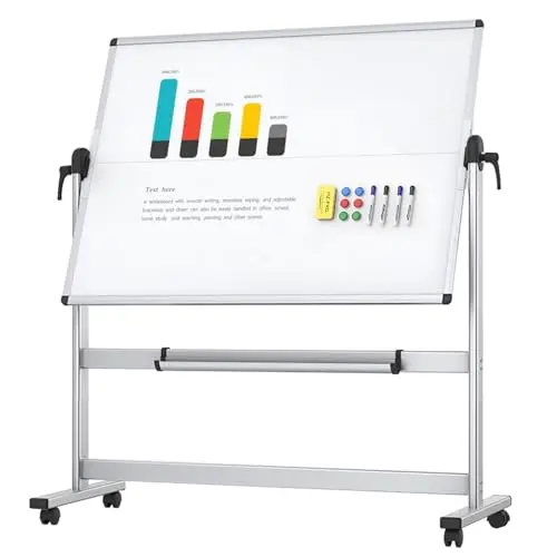 VIZ-PRO Pizarra blanca móvil magnética de doble cara 120x90 cm, con ruedas y marco de aluminio, para oficina y aula