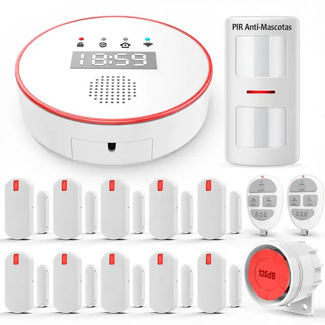 YISEELE Kit Alarma casa 5 GHz Wi-Fi: con Reloj y App Gratis - Completo 1 Sirena 125dB - 1 PIR Anti-Mascotas - 10 Sensores Puerta/Ventana - 2 Mandos - 1 Central - Compatible con Alexa y Google Home