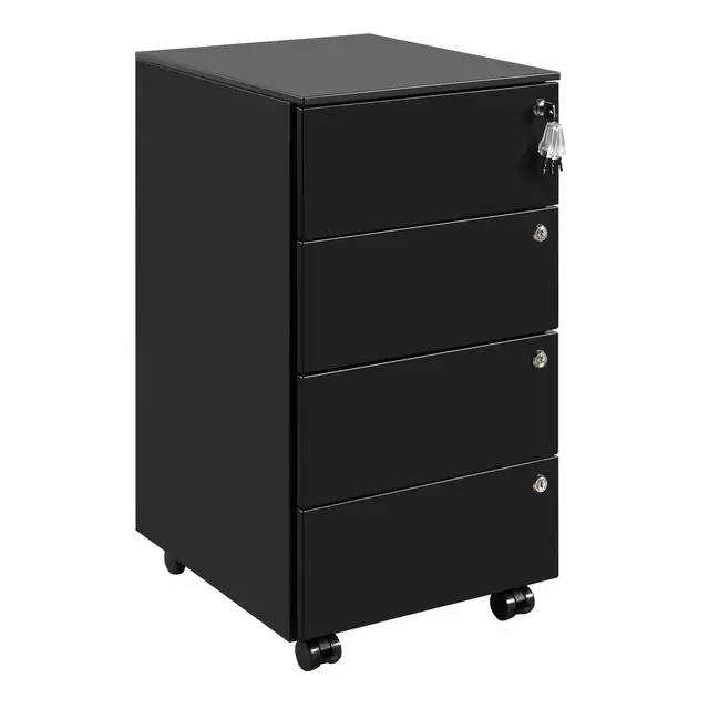 Cajonera móvil, Archivador Metálico con 4 Cerraduras, 4 Llaves, 4 Cajones, Premontado, para Oficina, Oficina en Casa, Negro