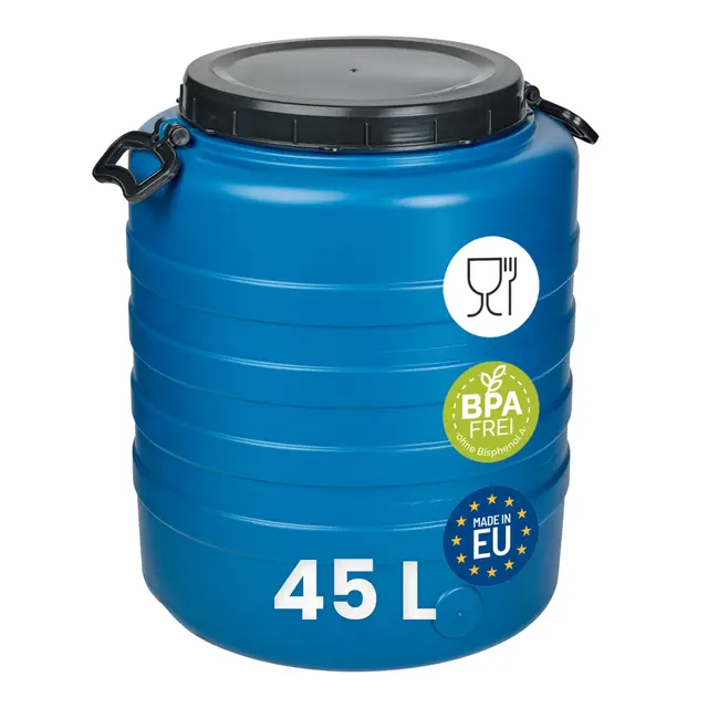 Garronda 45 L Bidon Agua Barril de Plástico HDPE como Contenedor y Deposito Agua y Alimentos para Almacenamiento, Fermentación y Recogida de Lluvia GD-0186 Azul