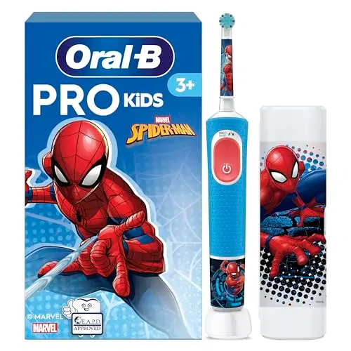 Oral-B Pro Kids Cepillo De Dientes Eléctrico, 1 Mango De Spider-Man De Marvel, 1 Cabezal, 1 Estuche De Viaje, Diseñado Por Braun, Apto Para Niños Mayores De 3 Años