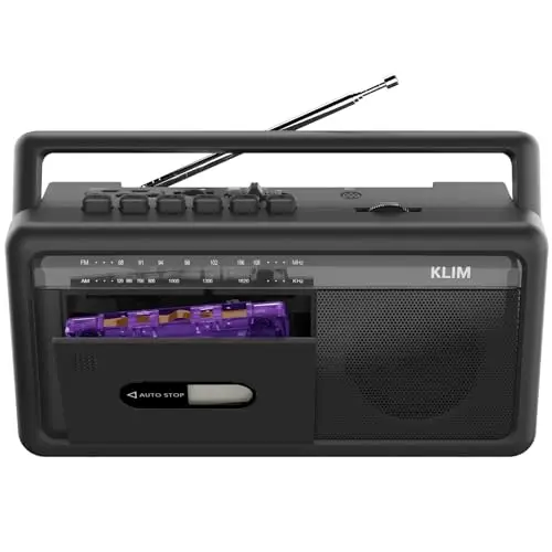 KLIM Reproductor Cassette Boombox, Radiocasete Am/FM, Bluetooth, Grabadora Cassette, USB, Altavoz, Salida Auriculares, Funciona con Pilas o Corriente, Diseño Portátil Retro - Negro