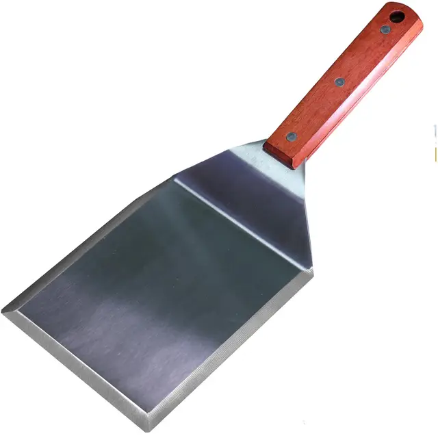 La Cuisine - Espátula extra ancha de acero inoxidable con mango de madera para barbacoa, parrilla plana Blackstone, herramienta para hamburguesas, tortitas, hamburguesas, volteador de hamburguesas