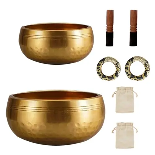 Juego De Cuencos Tibetanos,Con Varilla De Piel De Oveja,Arandela y Bolsa De Almacenamiento,Martillado a Mano,13cm y 8cm Cada Uno,Para Meditación,Yoga y Chakras,Un Regalo Único Para Mujeres y Hombres