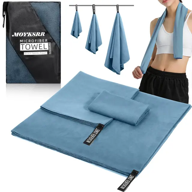 MOYKSRR Toalla de Microfibra, Toalla de Viaje de Microfibra | Toallas de Viaje Ligera 180x80cm+100x50cm+70x40cm | Toallas de Viaje Ligera y Compacta para Playa, Camping, Yoga y Sauna(Azul)