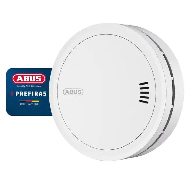 ABUS Prefira 5 - Detector de Humo Certificado, con Baterías Reemplazables Cada 5 Años, Botón de Prueba, Reducción de Falsas Alarmas Gracias a la Malla Antiinsectos, y Compensación por Suciedad