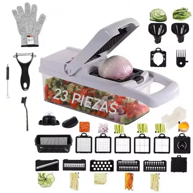 Cortador de Verduras 23 en 1 Profesional – Mandolina Manual Multifuncional con Cuchillas de Acero Inoxidable, Rallador, Espiralizador, Picadora, Pelador, Contenedor y Accesorios