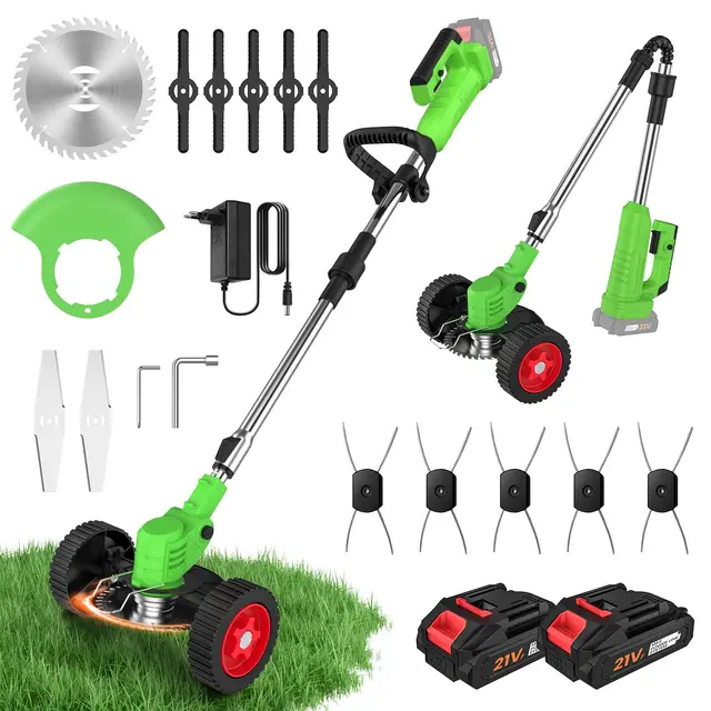 Desbrozadora Batería Plegable con Ruedas, Cortabordes Eléctrico 800W, 2 Baterías 21V (Compatible Makita 18V), 4 en 1, 13 Accesorios, Cabezal 90° y Mango Ajustable, para Jardín Césped (Verde)