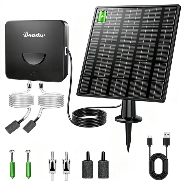 Bomba de oxígeno Solar 3W 2200mAh – Aireador Estanque con 2 Piedras difusoras, anticongelante – Válido en días nublados, para jardín y Pesca