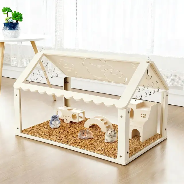 Jaula para Hámster, Hábitat Transparente de Acrílico para Hámsteres Enanos y Pequeños Roedores con Escalera, Túnel y Casa, 60 × 30 × 40 cm
