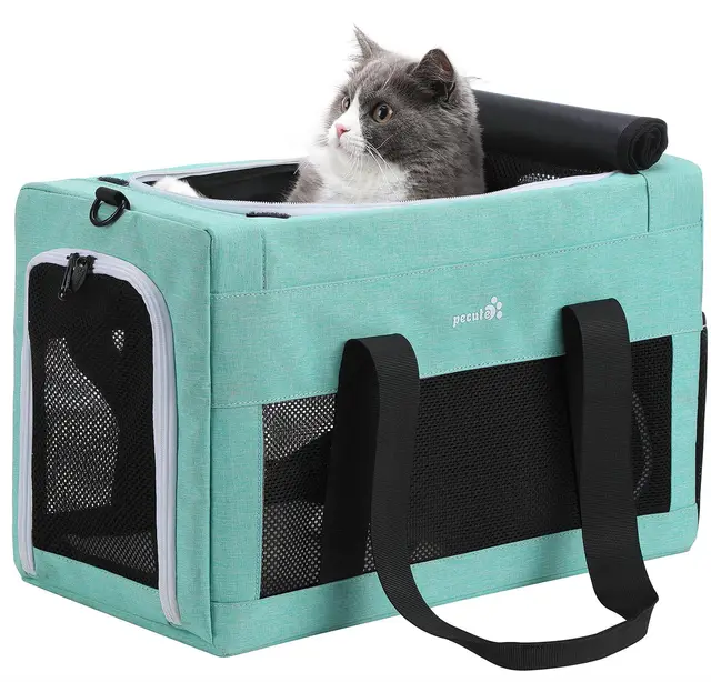 Pecute Transportin Gato Aviones permitidos, Estructura de Alambre de Acero Engrosado de 5 mm, Transportin Perro Pequeño con Parasol, Adecuada para Gatos y Cachorros de hasta 5 kg/11 Libras,Azul Lago