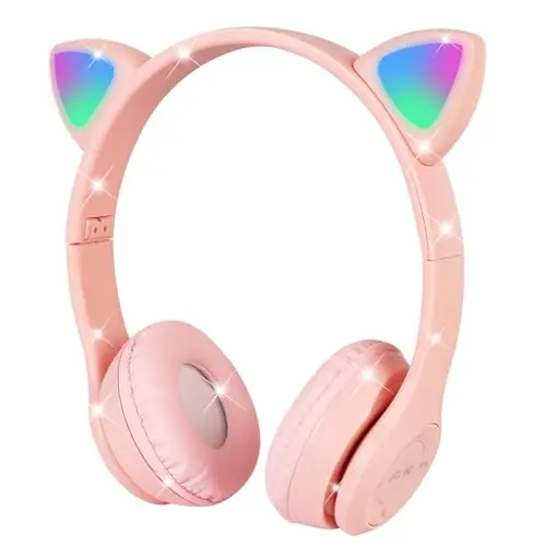 AXFEE Auriculares Inalámbricos para Niños, Auriculares con Orejas de Gato con Micrófono/Luces LED, Auriculares Plegables P47 para Niños, para Móvil/Tableta, Regalo de Cumpleaños/Navidad (Rosa)
