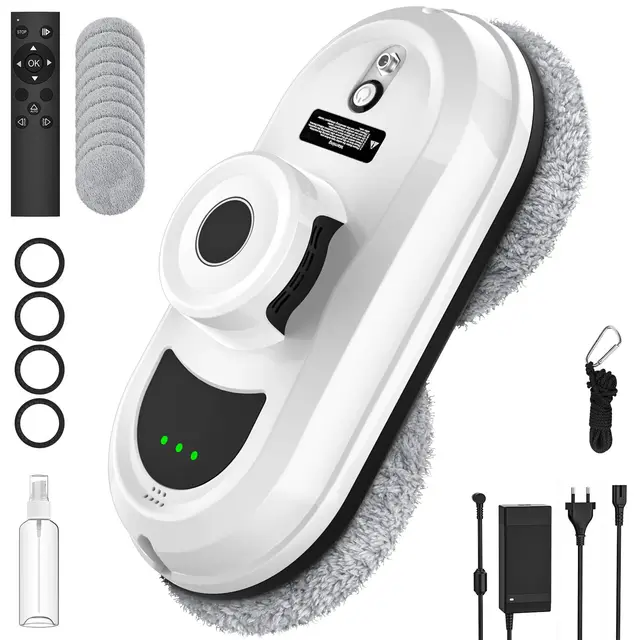 Robot Limpiacristales, 5600pa Limpia Cristales Electrico Ventanas con Pulverización Automática, 3 Modos Limpieza, Navegación Inteligente, Sistema de Seguridad, Mando a Distancia y 10 Paños