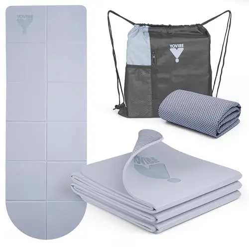 YoVibe – Esterilla Yoga Antideslizante Profesional con Toalla Fitness y Bolsa de Transporte – Esterilla Pilates Plegable, Impermeable y Antideslizante 183x60 cm