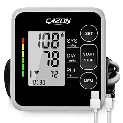 CAZON Tensiómetro de Brazo, Monitor de presiónarterial para uso doméstico. Detector electrónico defrecuencia cardiaca con brazalete 22-40cm,2X120memoria (Negro)