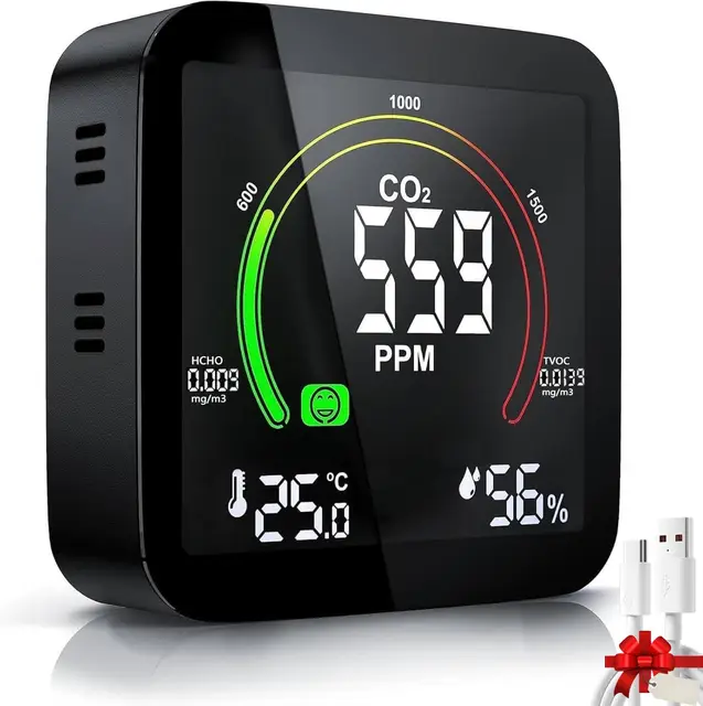Medidor CO2 Detector CO2 Gas, 5 en 1 Detector de CO2 con Pantalla LED Medidor de Humedad y Temperatura TVOC HCHO Dormitorio Oficina Coche Multi
