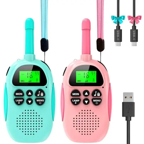 Ushining Walkie Talkie para Niños, Walkie Talkie Recargable con Radio de 2 vías 16 Canales Función VOX 10 Tonos de Llamada LCD Retroiluminado Linterna, Regalo para Niños y Niñas
