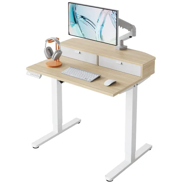HUANUO Escritorio Elevable Pequeño 80 x 53 cm con 2 Cajones, Escritorio Ajustable en Altura con Soporte Tipo Abrazadera en C, Mesa Elevale de Pie para Oficina en Casa con 4 Memorias de Altura